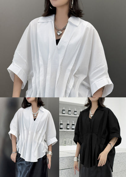 Fashion Black Asymmetrical Wrinkled Patchwork Cotton Blouses Summer