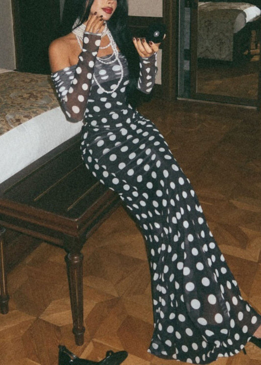 Fashion Black Cold Shoulder Dot Print Slim Tulle Dresses Spring