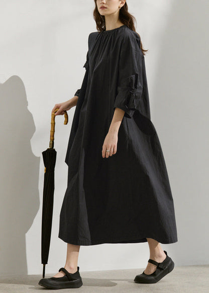 Fashion Black O Neck Bow Loose Cotton Dress Summer