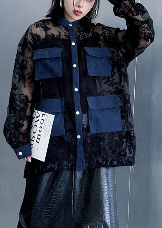 Fashion Black O Neck Denim Pockets Patchwork Lace Shirts Summer