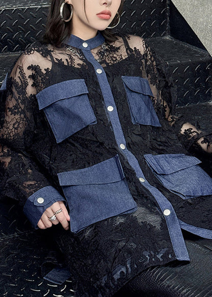 Fashion Black O Neck Denim Pockets Patchwork Lace Shirts Summer