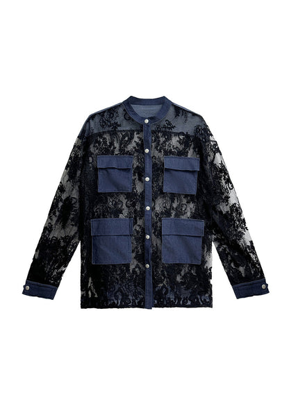 Fashion Black O Neck Denim Pockets Patchwork Lace Shirts Summer