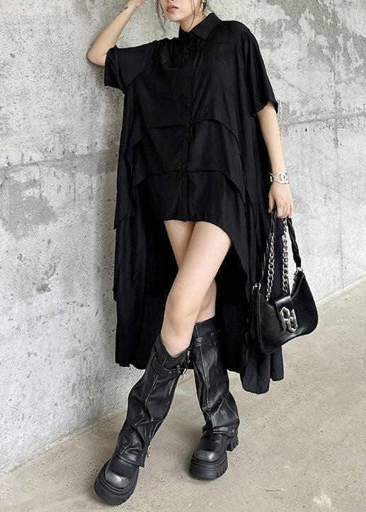 Fashion Black Peter Pan Collar Asymmetrical Design Cotton Shirts Summer