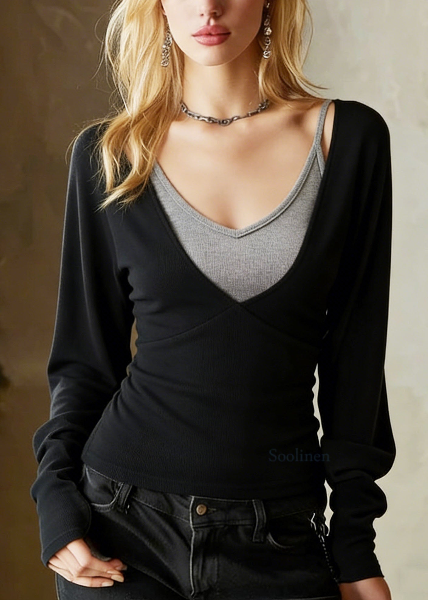 Fashion Black Top And Spaghetti Strap Cotton Two Pieces Set Spring