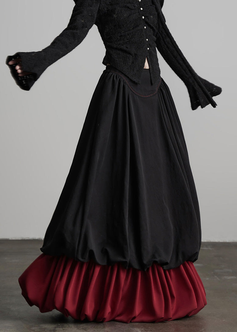 Fashion Black Wrinkled Patchwork False Two Pieces Cotton Skirts Spring