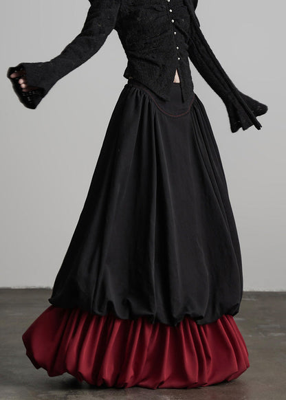 Fashion Black Wrinkled Patchwork False Two Pieces Cotton Skirts Spring