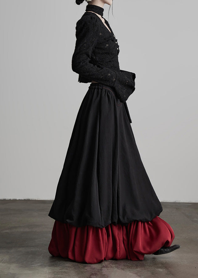Fashion Black Wrinkled Patchwork False Two Pieces Cotton Skirts Spring
