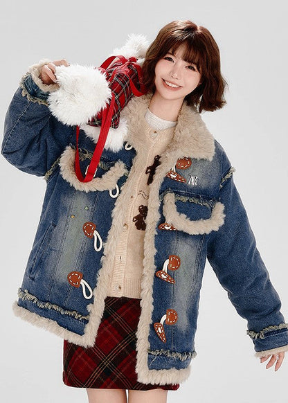 Fashion Blue Fuzzy Fur Patchwork Fine Cotton Filled Denim Coat Winter