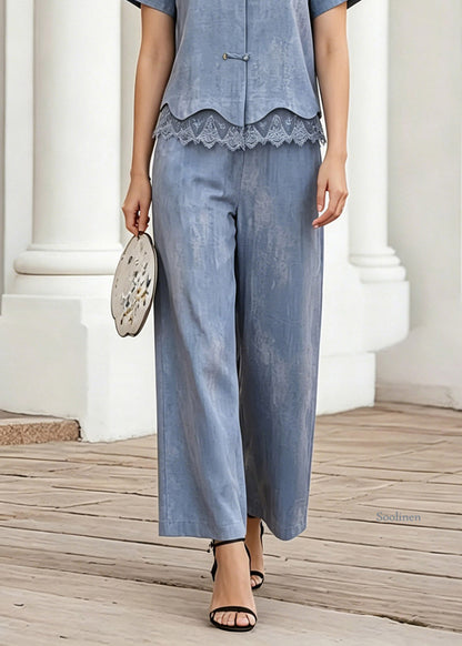 Fashion Blue Lace Patchwork Shirt And Crop Pants Two-Piece Set Short Sleeve