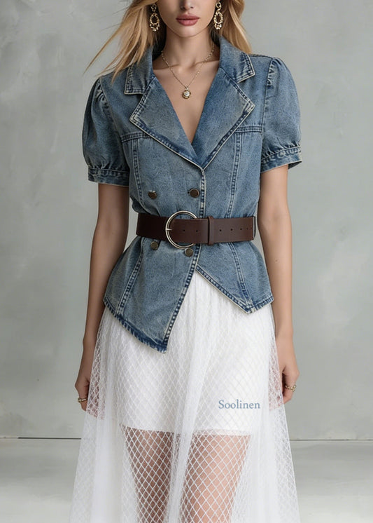 Fashion Blue Notched Asymmetrical Design Denim Shirts Summer