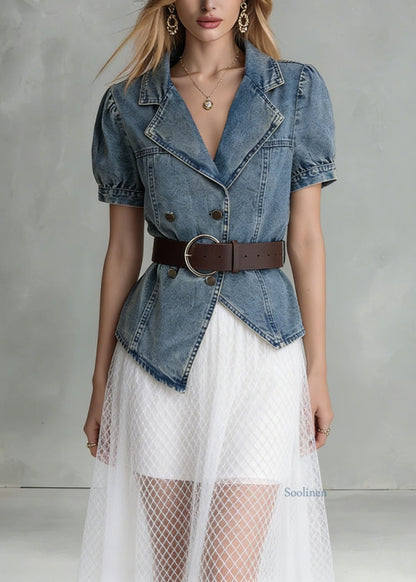 Fashion Blue Notched Asymmetrical Design Denim Shirts Summer