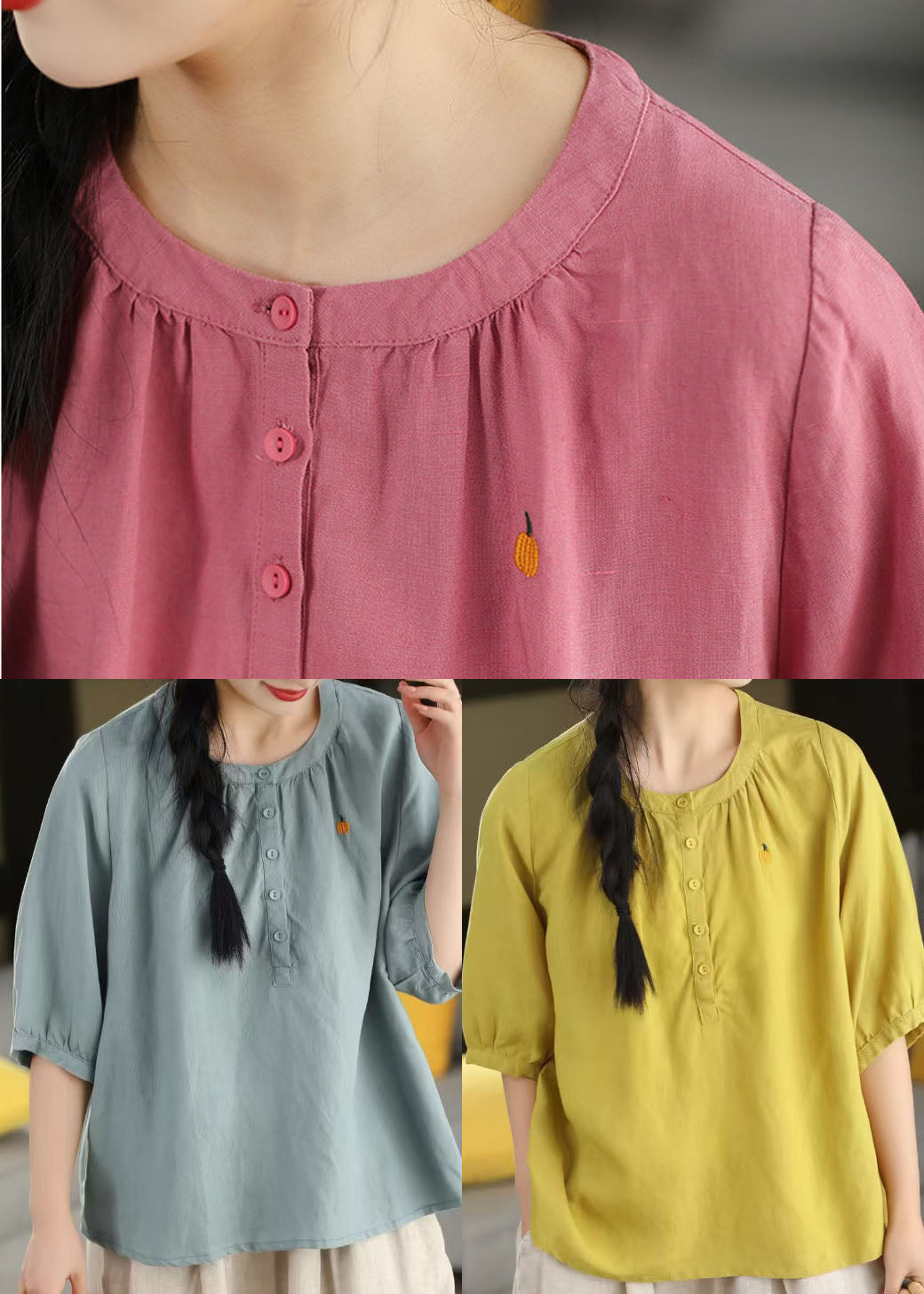 Fashion Blue O-Neck Embroidered Cotton Top Half Sleeve