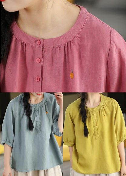 Fashion Blue O-Neck Embroidered Cotton Top Half Sleeve