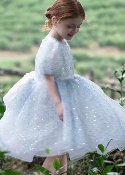 Fashion Blue O-Neck Patchwork Square Tulle Girls Maxi Dress Summer