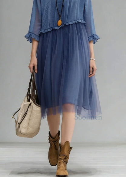 Fashion Blue O-Neck Ruffled Tulle Patchwork Chiffon Dress Summer
