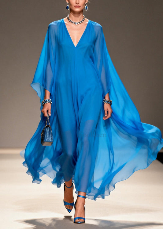 Fashion Blue Oversized Draping Chiffon Long Dress Summer