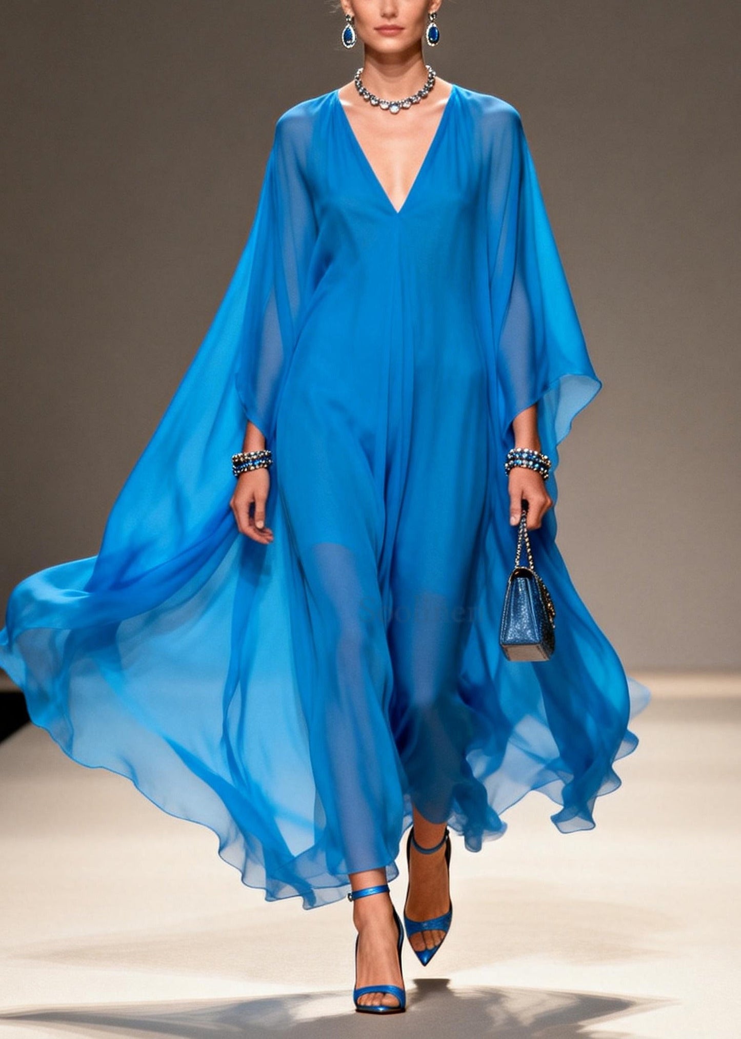 Fashion Blue Oversized Draping Chiffon Long Dress Summer