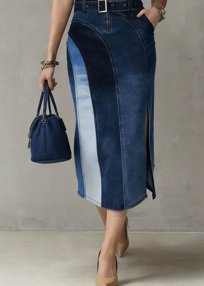 Fashion Blue Patchwork Sashes Side Open Vacation Denim Long Dresses