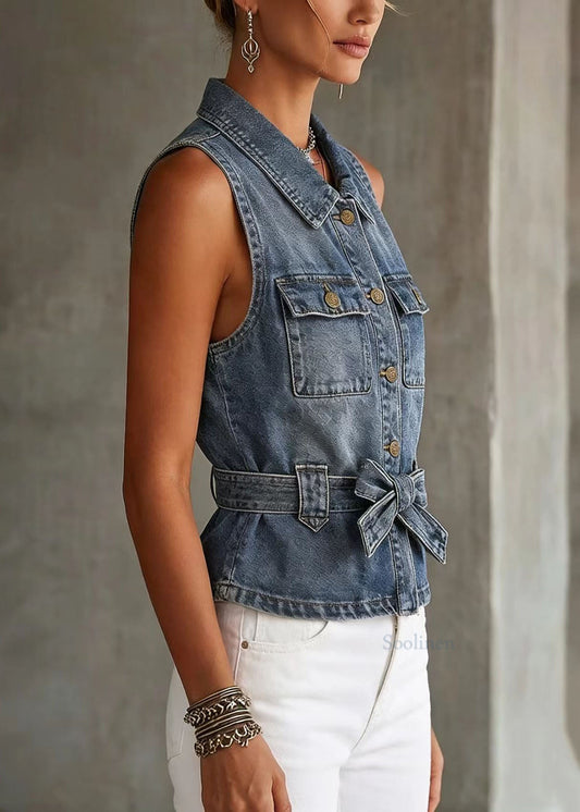 Fashion Blue Peter Pan Collar Denim Vest Top Sleeveless