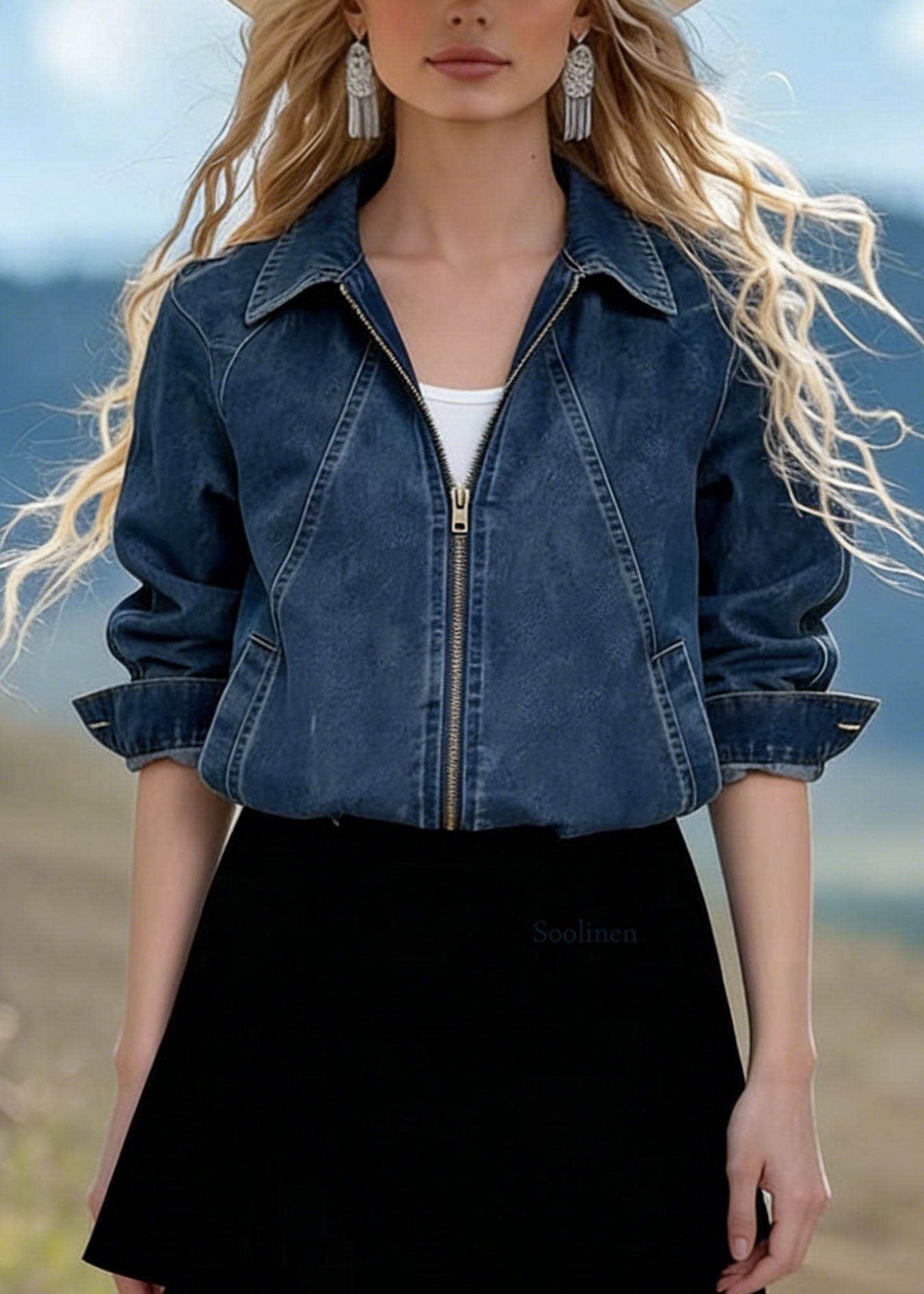 Fashion Blue Peter Pan Collar Zippered Denim Jackets Spring