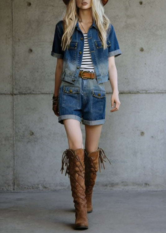 Fashion Blue Rivet Top And Shorts Denim Two Piece Suit Set Summer