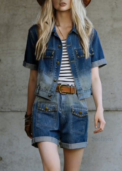 Fashion Blue Rivet Top And Shorts Denim Two Piece Suit Set Summer