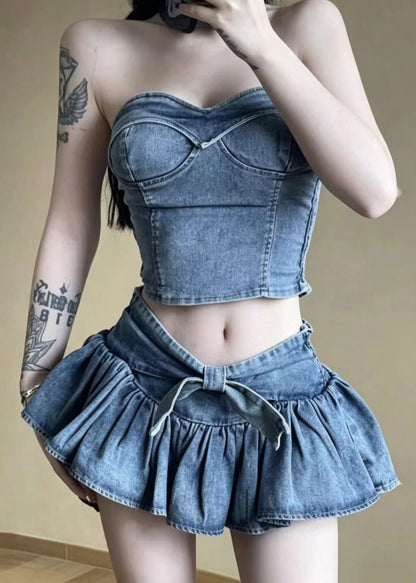 Fashion Blue Strapless Ruffles Denim Two Pieces Set Summer