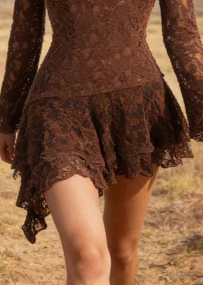 Fashion Brown Asymmetrical Patchwork Lace Mini Dress Spring
