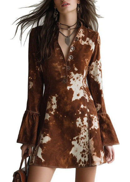 Fashion Brown Print Button Cotton Mid Dresses Fall