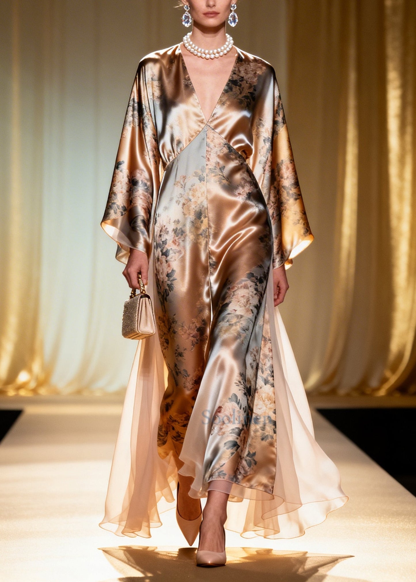 Fashion Champagne Print Tulle Patchwork Silk Maxi Dress Summer