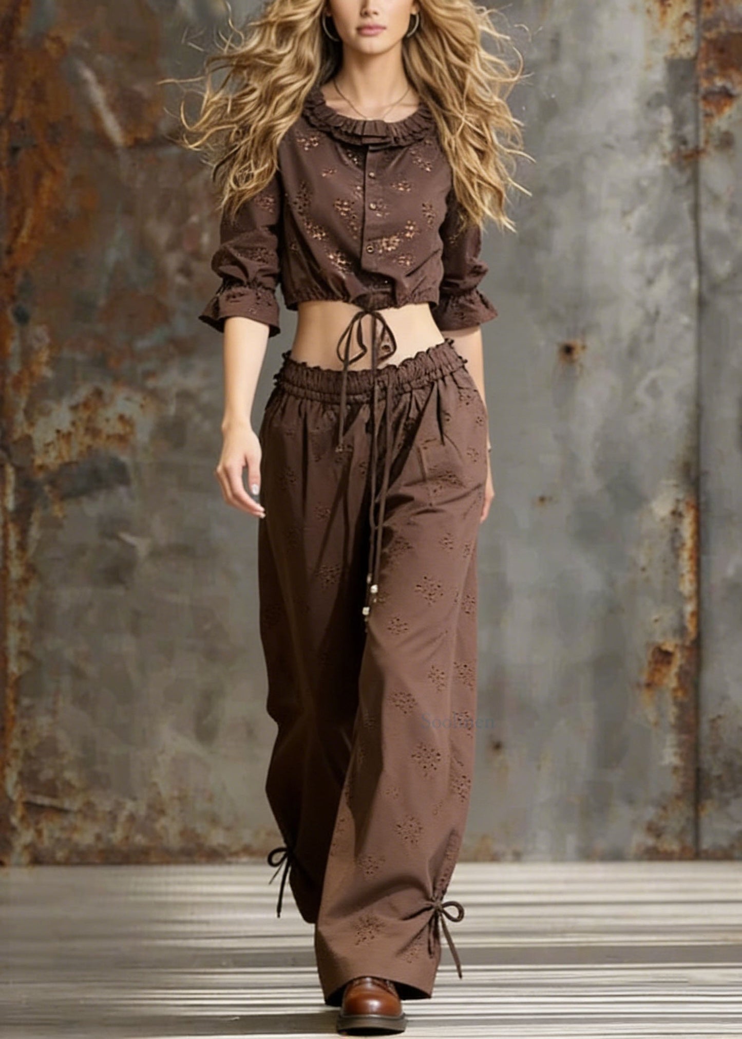 Fashion Coffee Lace Up Ruffled Cotton Two Pieces Set Spring