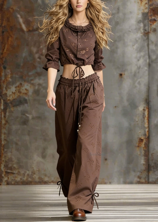 Fashion Coffee Lace Up Ruffled Cotton Two Pieces Set Spring