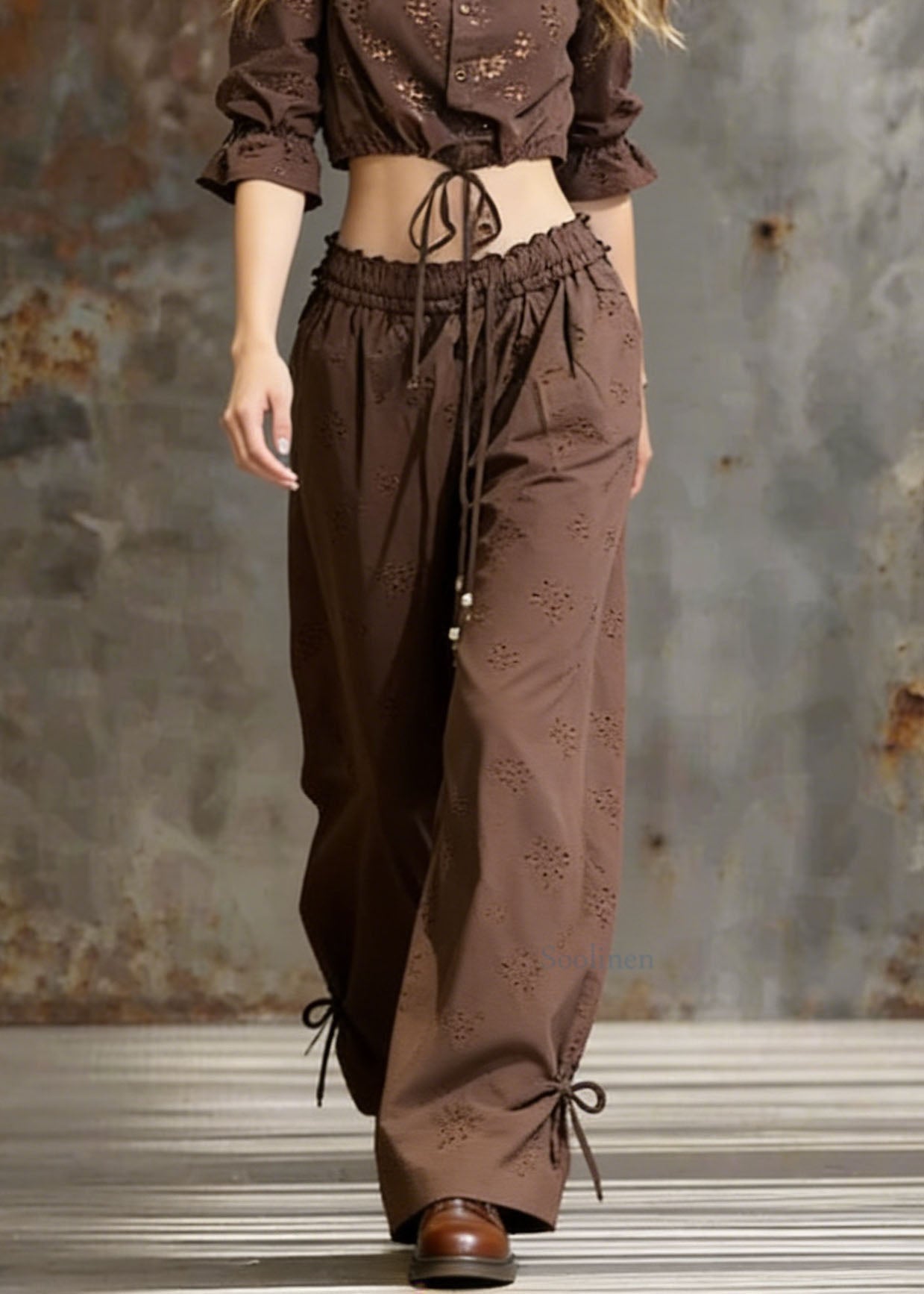 Fashion Coffee Lace Up Ruffled Cotton Two Pieces Set Spring