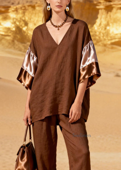 Fashion Coffee V Neck Patchwork Linen Silk Two Piece Set Spring