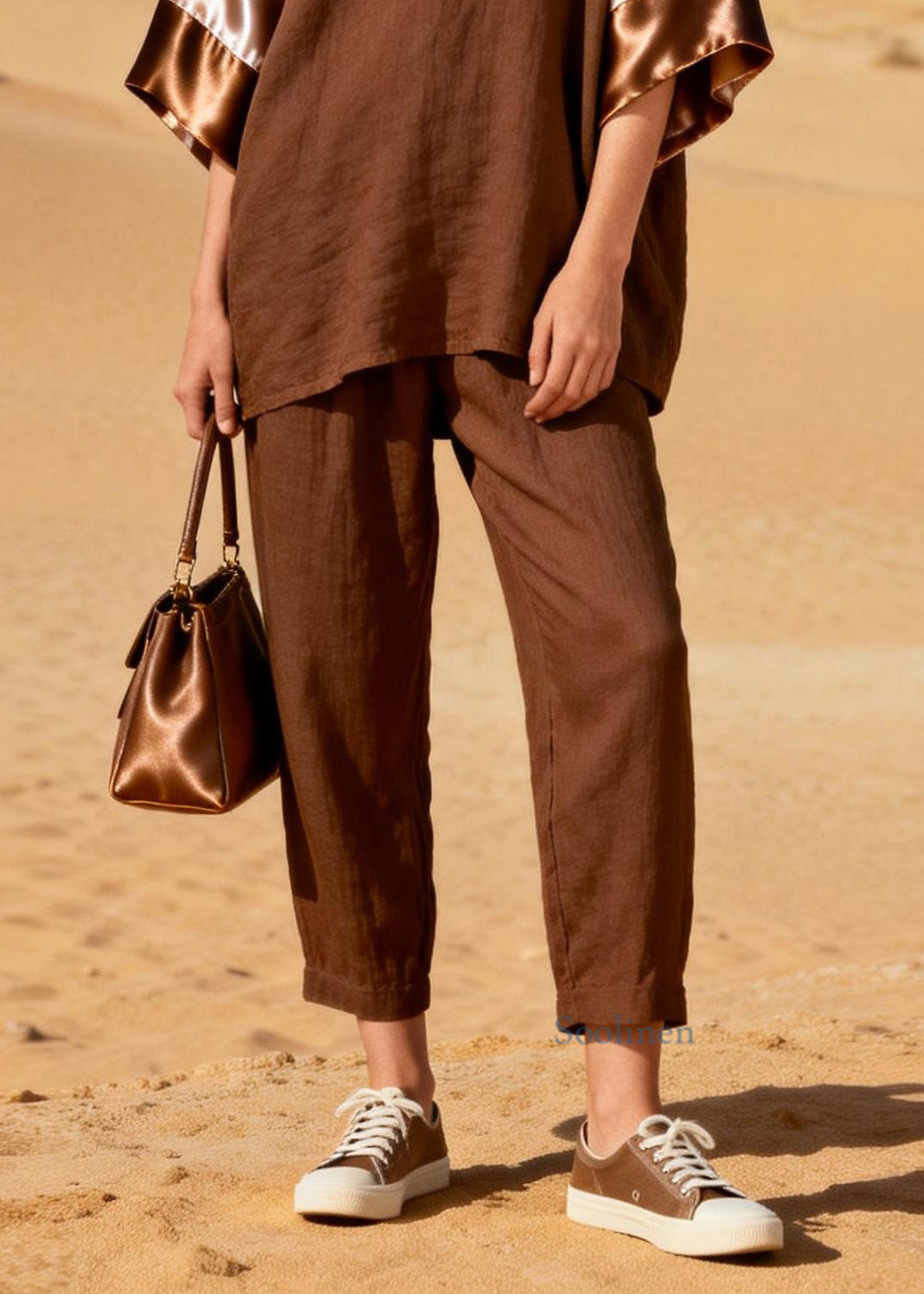 Fashion Coffee V Neck Patchwork Linen Silk Two Piece Set Spring