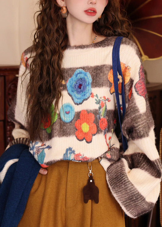 Fashion Colorblock O Neck Print Knit Pullover Batwing Sleeve