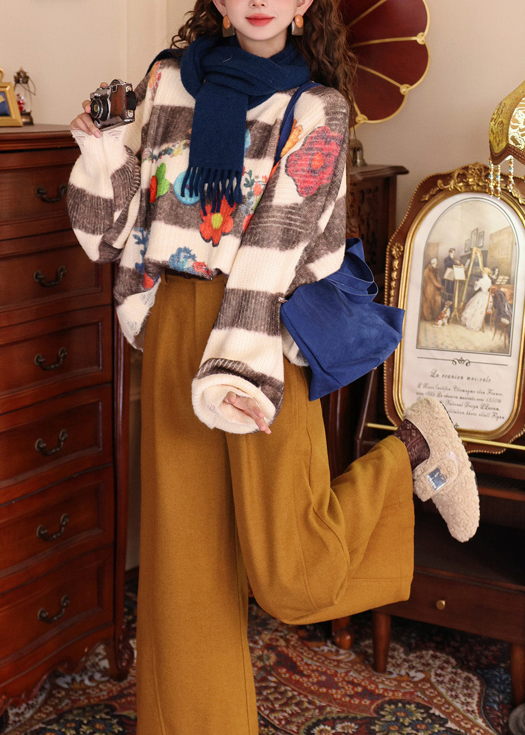 Fashion Colorblock O Neck Print Knit Pullover Batwing Sleeve