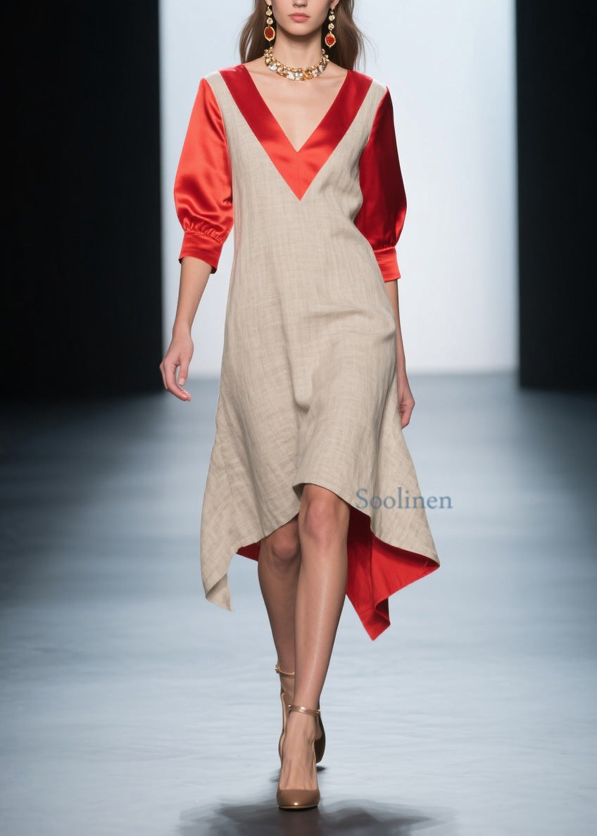 Fashion Colorblock V Neck Patchwork Linen Silk Dresses Summer