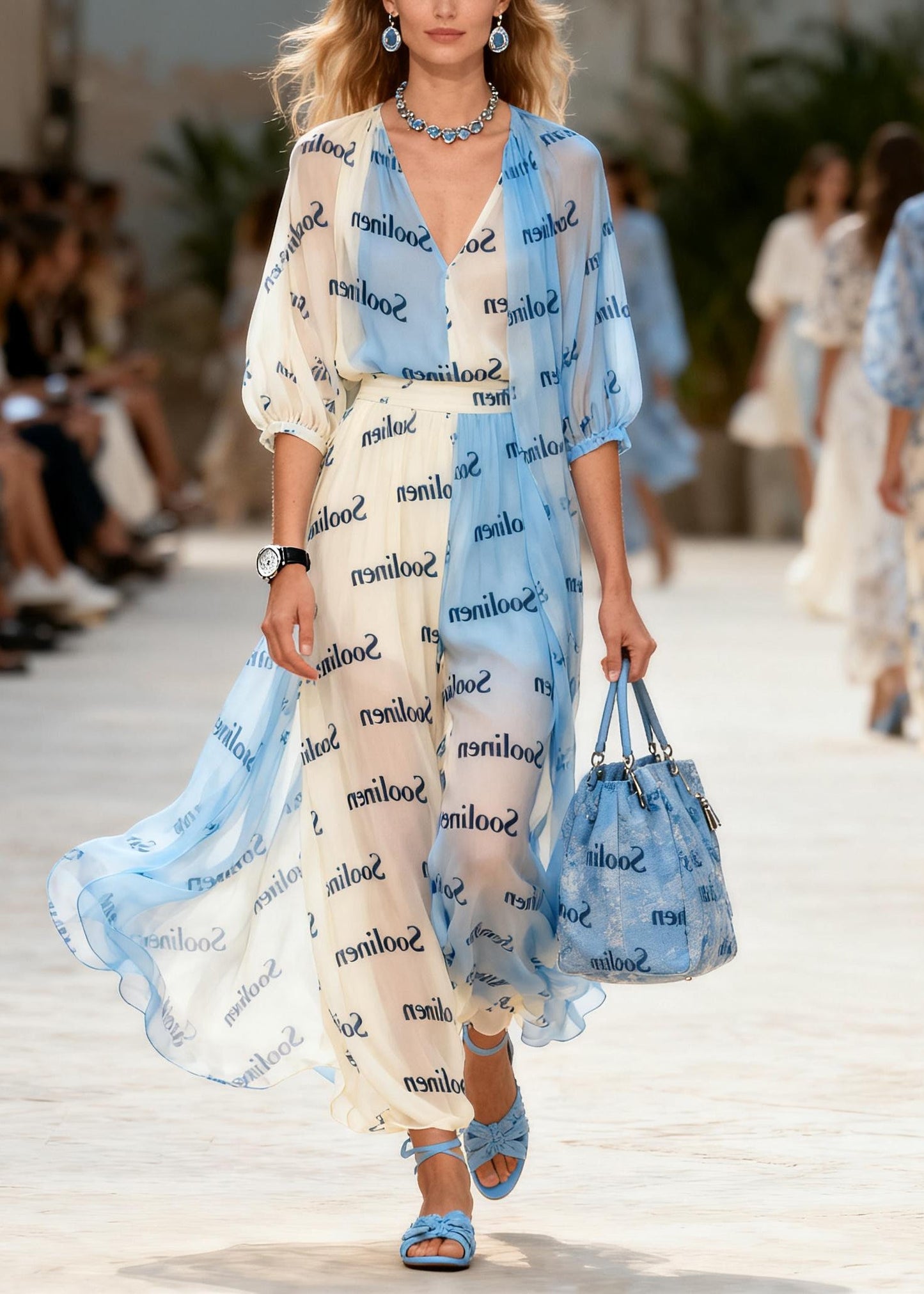 Fashion Colorblock V Neck Print Chiffon Maxi Dresses Summer