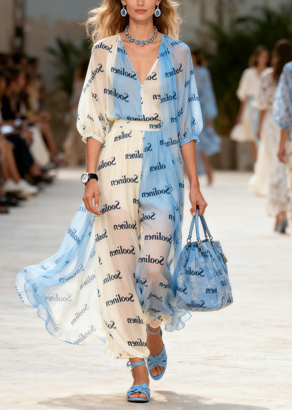 Fashion Colorblock V Neck Print Chiffon Maxi Dresses Summer