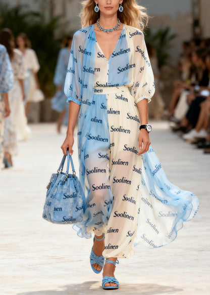 Fashion Colorblock V Neck Print Chiffon Maxi Dresses Summer