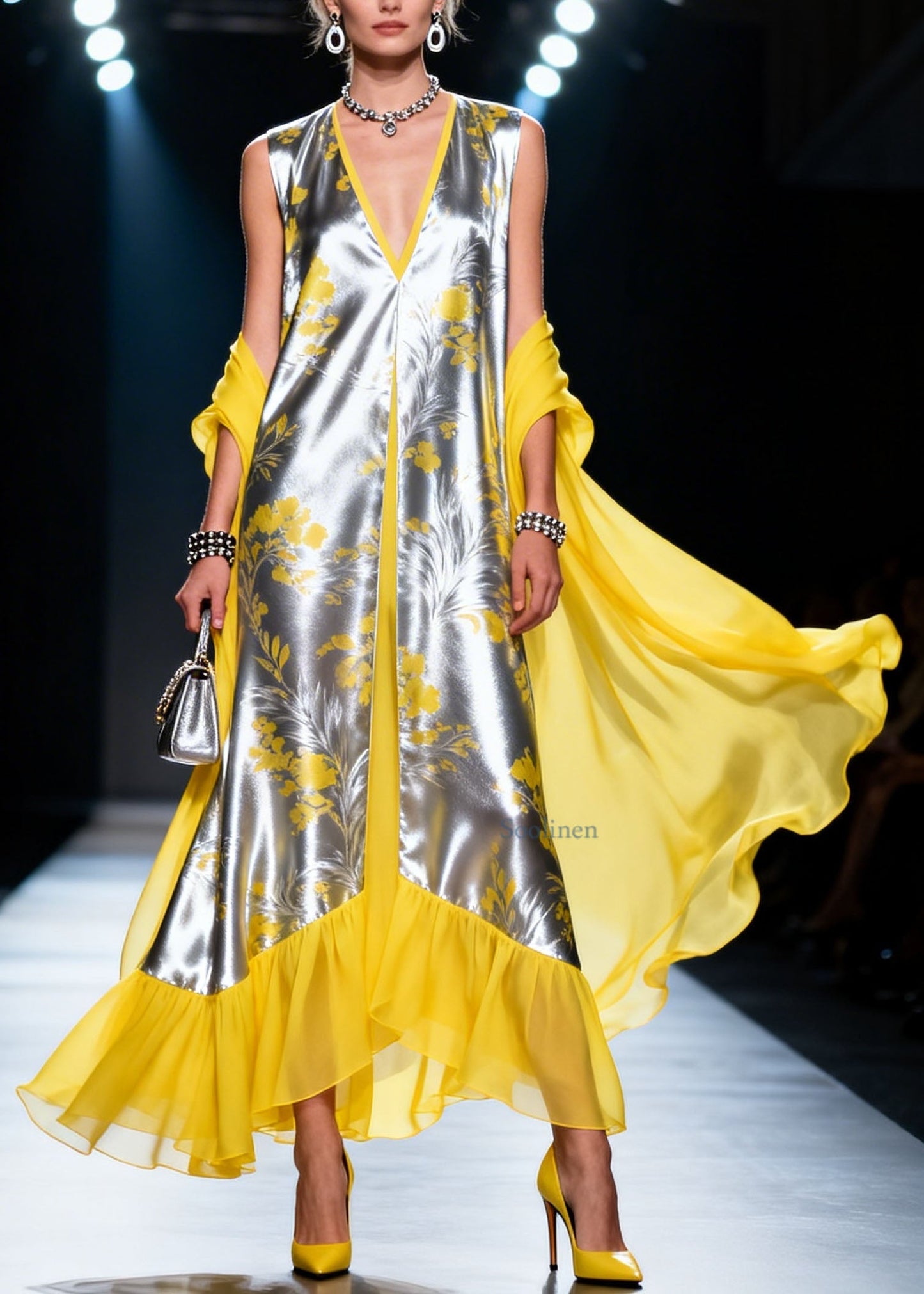 Fashion Colorblock V Neck Ruffled Patchwork Silk Dress Summer