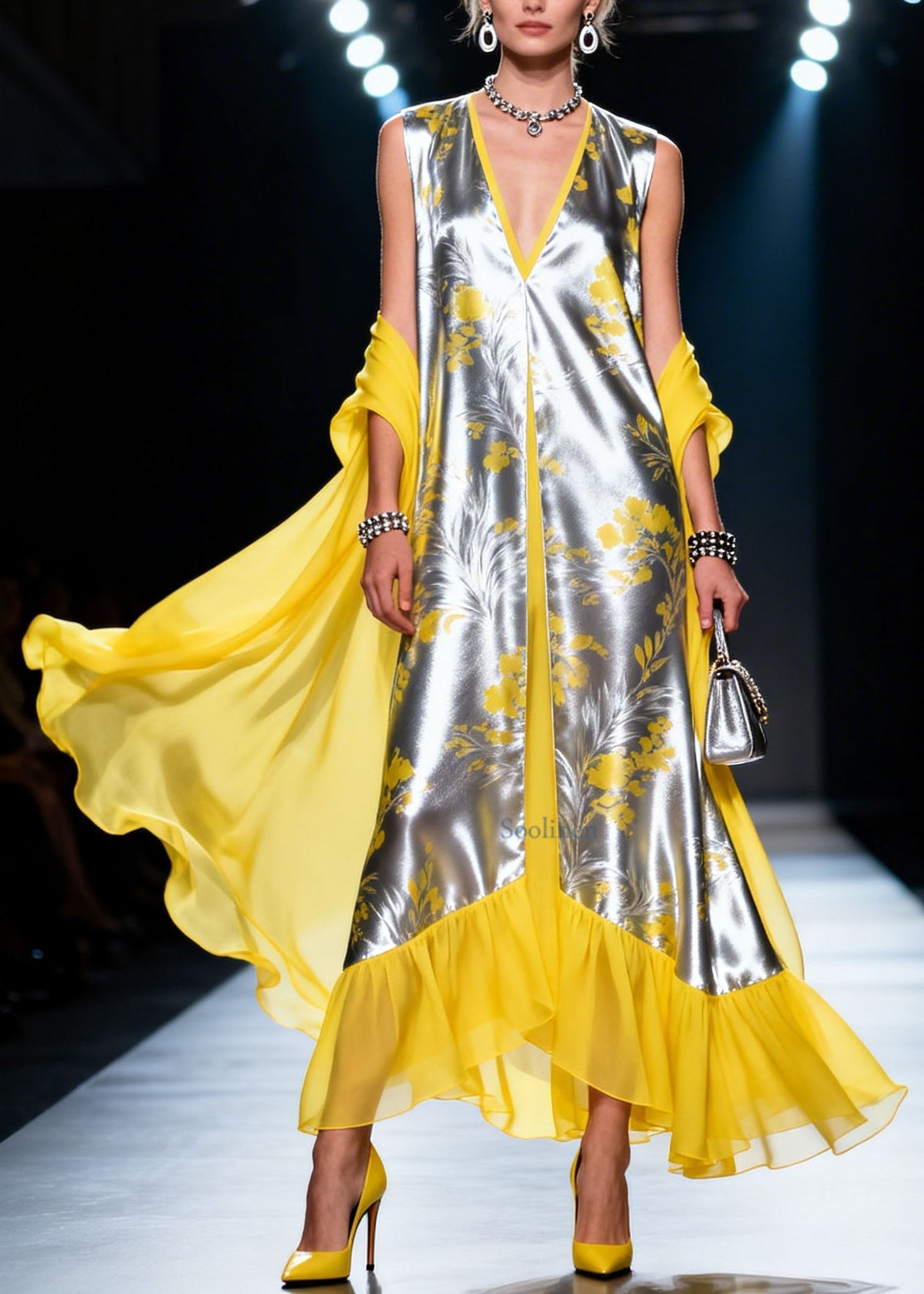 Fashion Colorblock V Neck Ruffled Patchwork Silk Dress Summer