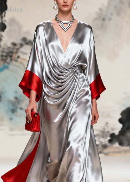 Fashion Colorblock V Neck Wrinkled Patchwork Silk Dress