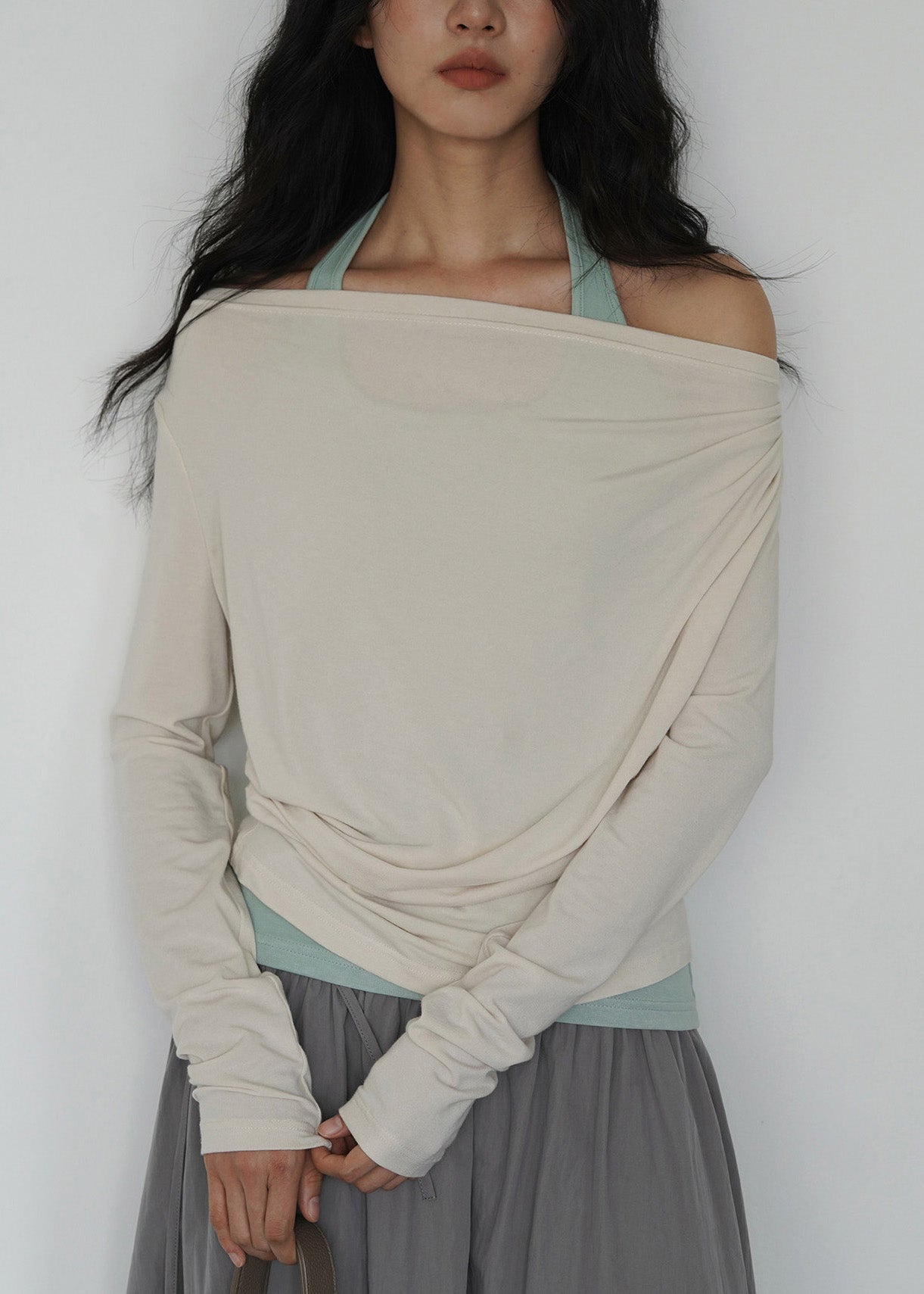 Fashion Dark Gray Off Shoulder TopAnd Light Green Interior Layered Set