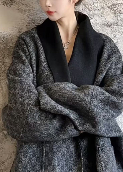 Fashion Dark Grey V Neck Print Pockets Wool Coats Fall