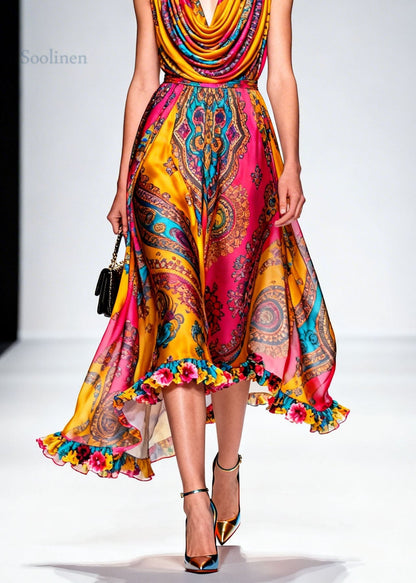 Fashion Draped Neckline Ruffled Print Chiffon Dresses Summer