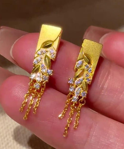 Fashion Gold Copper Alloy Zircon Fallen Leaves Tassel Stud Earrings