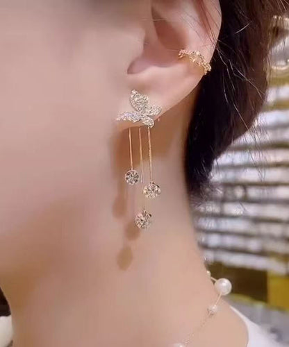 Fashion Gold Copper Overgild Zircon Butterfly Tassel Drop Earrings
