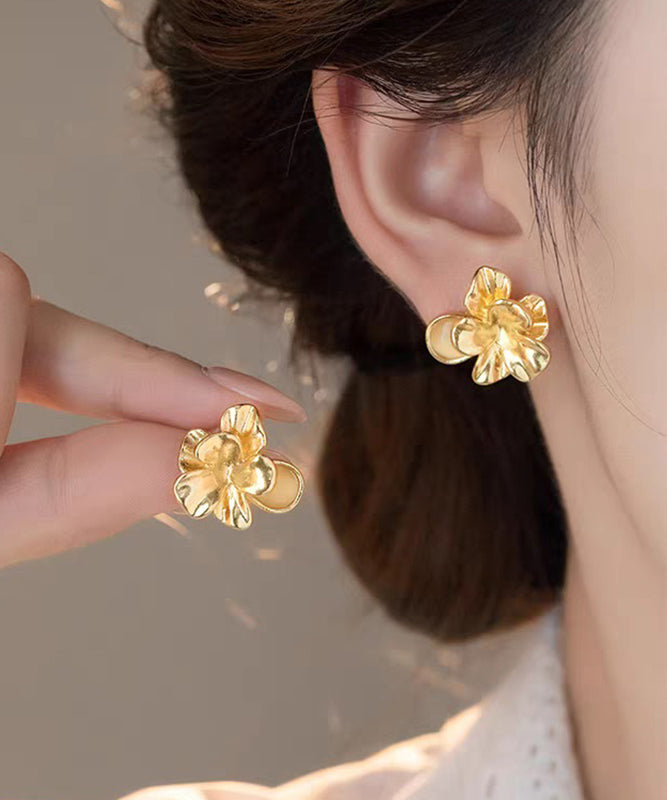 Fashion Gold Metal Alloy Floral Cat's Eye Stud Earrings